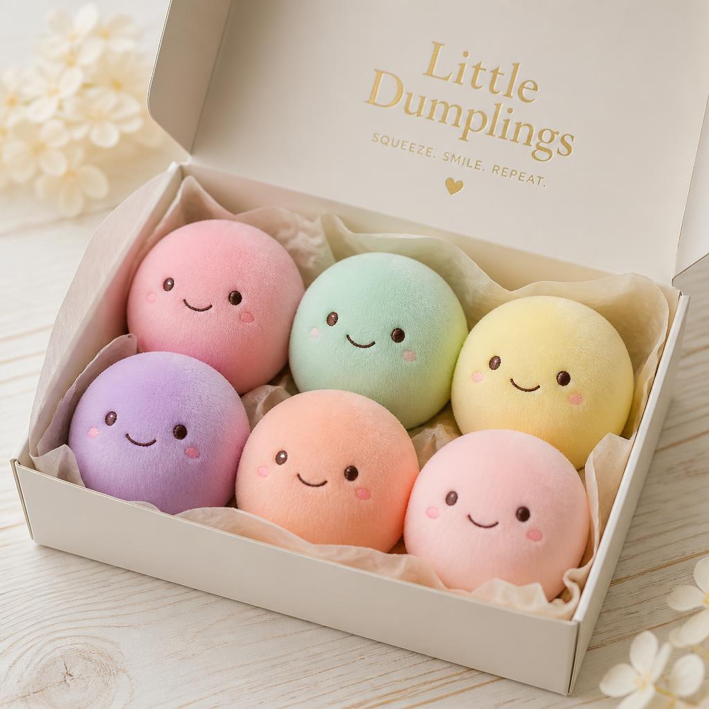 Klämbar dumpling-plysch med broderat ansikte på ett ljust träbord