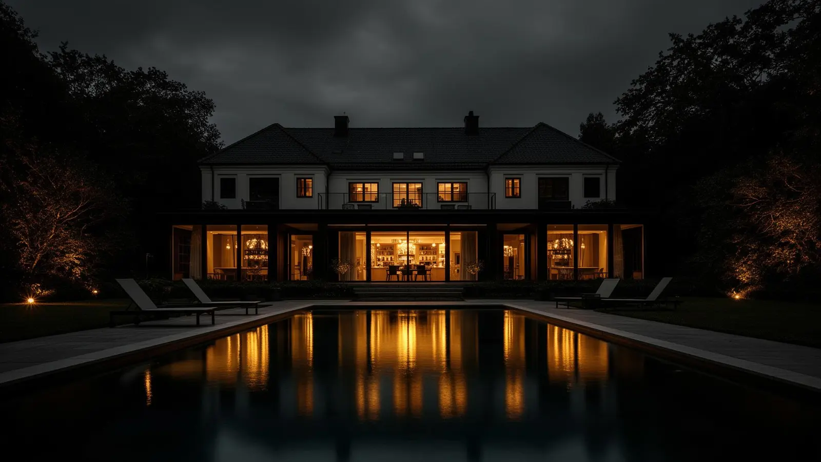 Lyxig svensk villa i skymning med upplyst pool