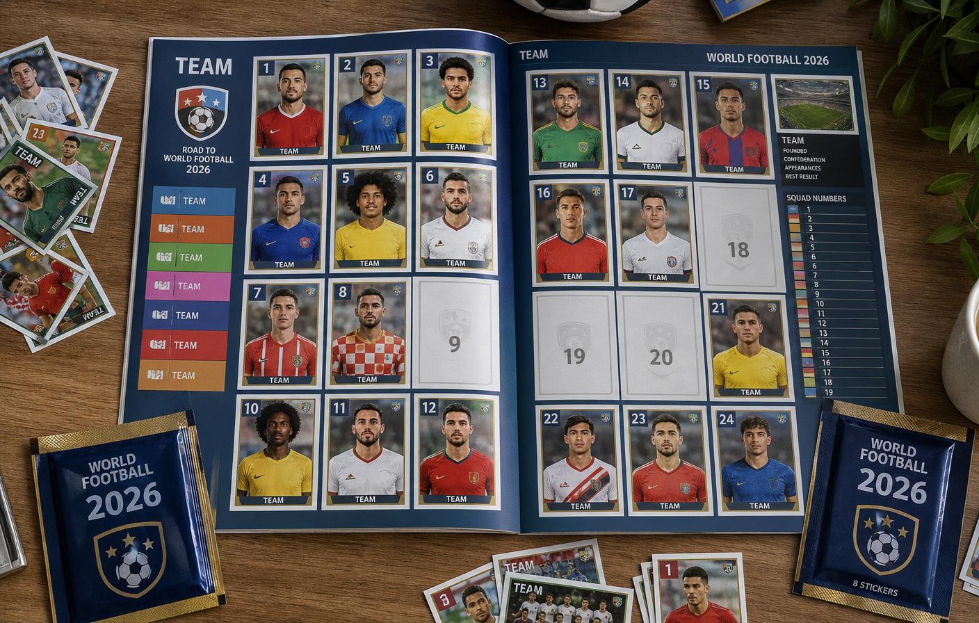 Trave med fotbollskort och holografiska klistermärken på en grön filtad yta